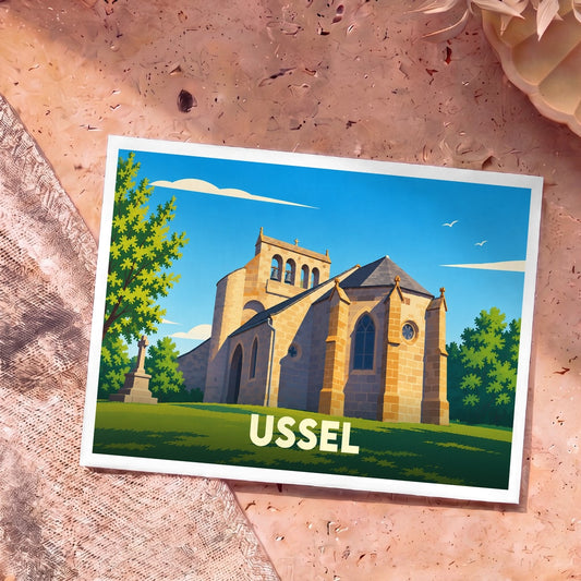 Carte postale souvenir de la ville d'Ussel représentant une illustration stylisée de son église sous un ciel bleu.