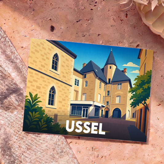 Carte postale souvenir de la ville d'Ussel présentant une illustration stylisée de son architecture médiévale.