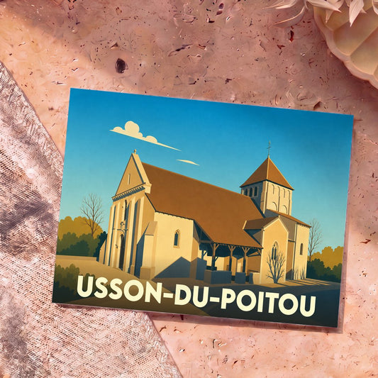 Carte postale souvenir de la ville d'Usson-du-Poitou avec une illustration stylisée de son église romane.