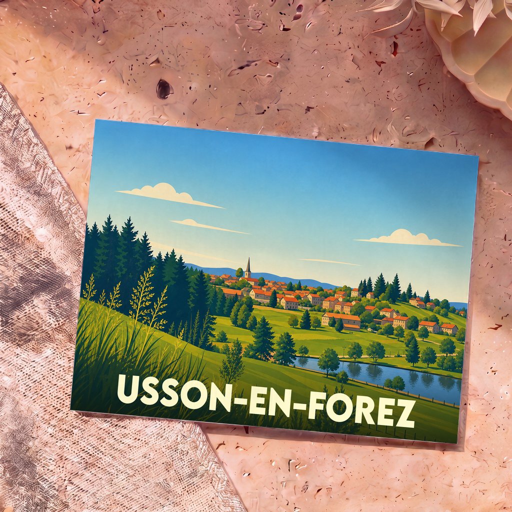 Carte postale souvenir de la ville d'Usson-en-Forez avec une illustration paysagère stylisée.