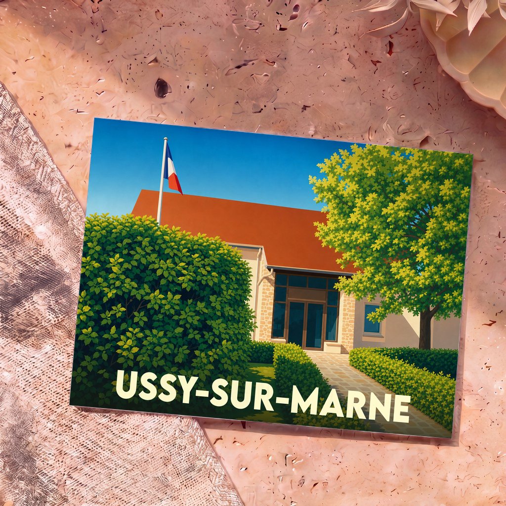 Carte postale souvenir de la ville d'Ussy-sur-Marne avec une illustration stylisée de sa mairie.