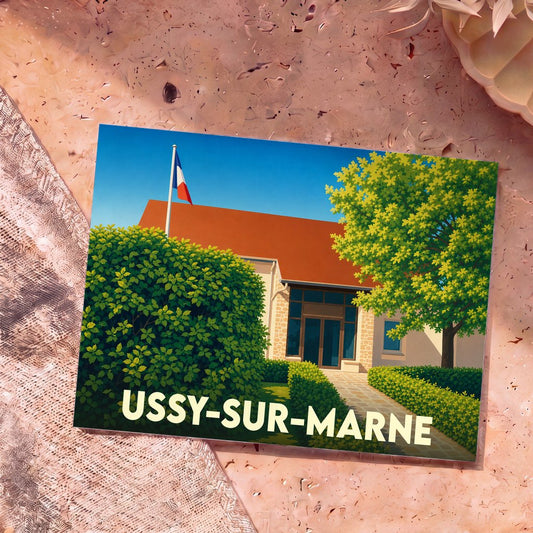 Carte postale souvenir de la ville d'Ussy-sur-Marne avec une illustration stylisée de sa mairie.