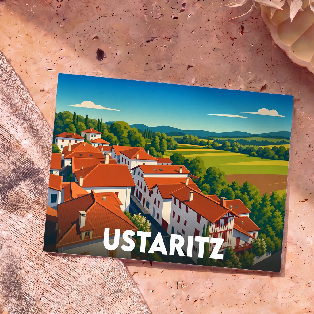 Carte postale souvenir de la ville d'Ustaritz avec une illustration stylisée de ses maisons basques typiques.