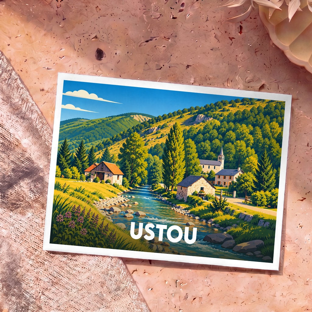 Carte postale souvenir de la ville d'Ustou avec une illustration stylisée d'un village de montagne traversé par une rivière.