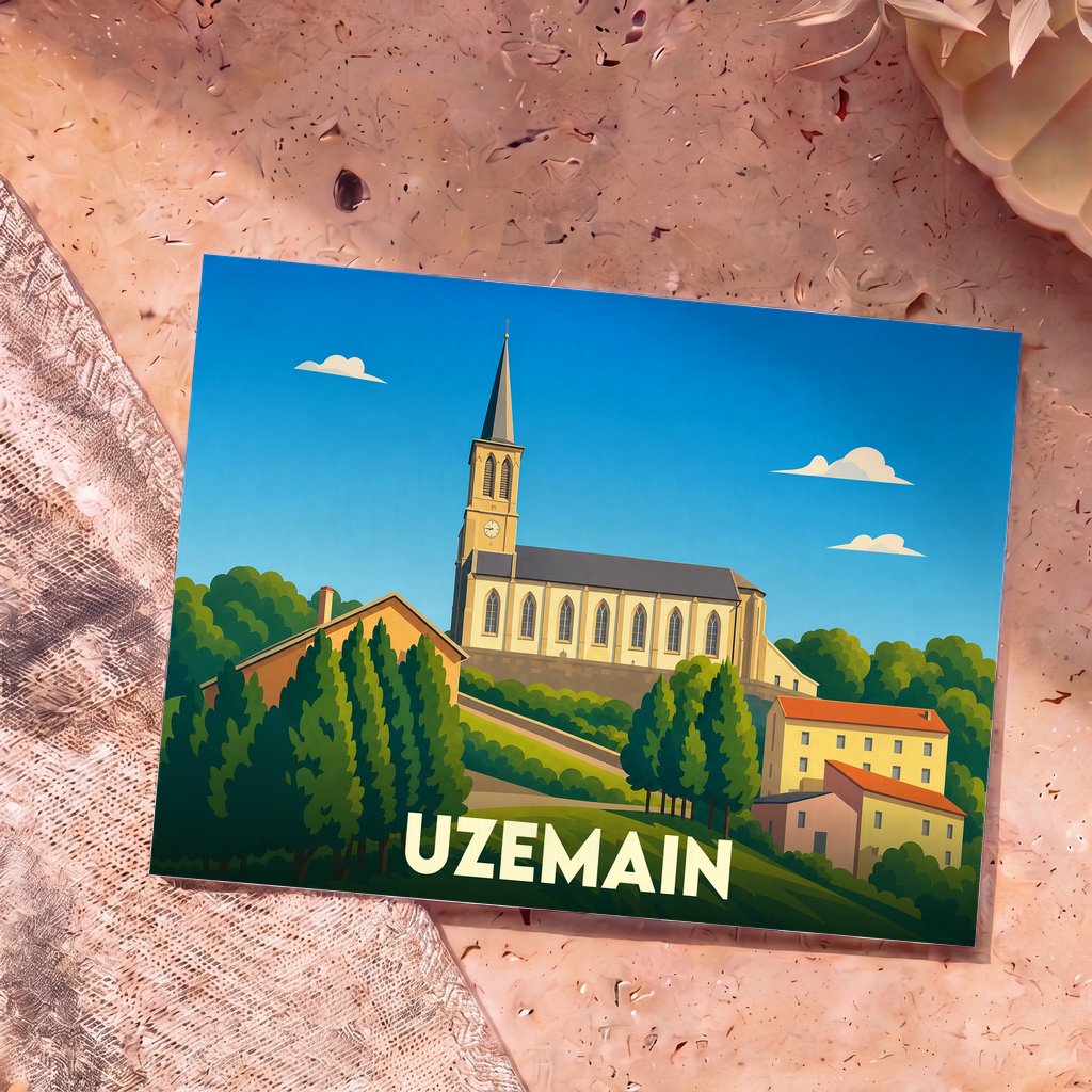 Carte postale souvenir de la ville d'Uzemain avec une illustration stylisée de son église surplombant le paysage.