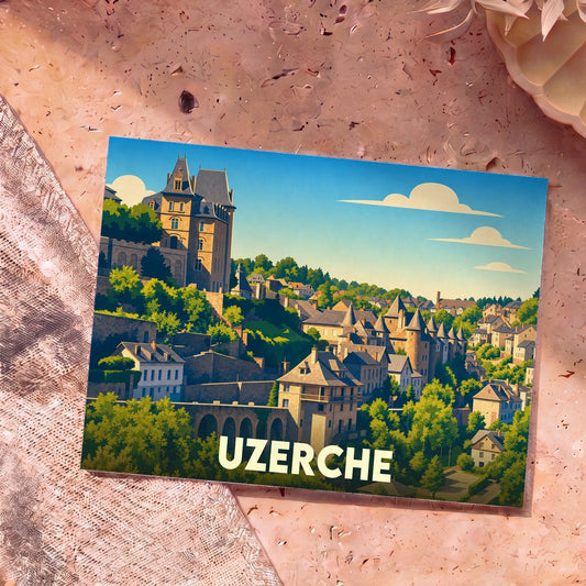 Carte postale souvenir de la ville d'Uzerche avec une illustration stylisée de ses bâtiments médiévaux.