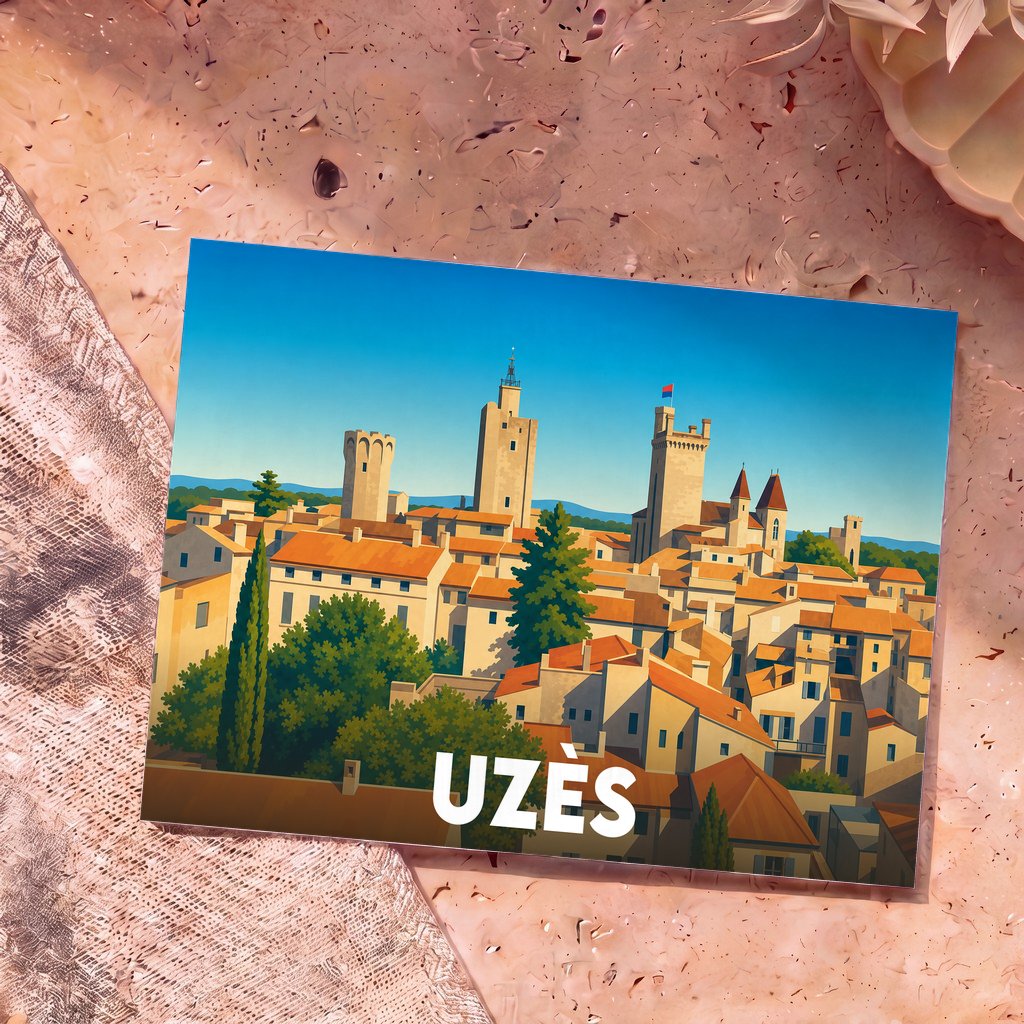 Carte postale souvenir de la ville d'Uzès présentant une illustration stylisée de ses toits et de ses tours emblématiques.
