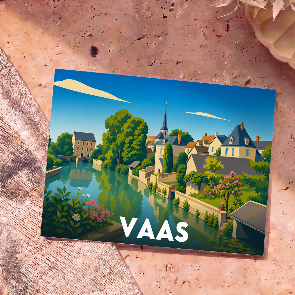 Carte postale souvenir de la ville de Vaas illustrant ses maisons et son église au bord de l'eau dans un style graphique épuré.