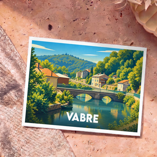 Carte postale souvenir de la ville de Vabre avec une illustration stylisée représentant un pont sur une rivière.