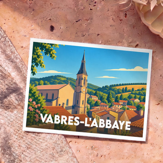 Carte postale souvenir de la ville de Vabres-l'Abbaye avec une illustration stylisée.