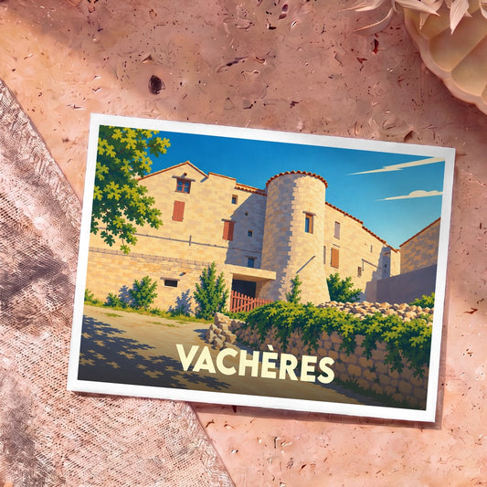 Carte postale souvenir de la ville de Vachères avec une illustration stylisée d'un bâtiment en pierre.
