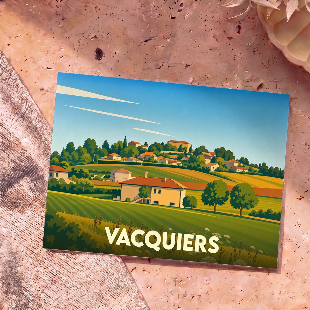 Carte postale souvenir de la ville de Vacquiers avec une illustration stylisée de son paysage rural.