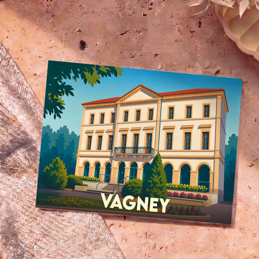 Carte postale souvenir de la ville de Vagney avec une illustration stylisée de l'hôtel de ville.