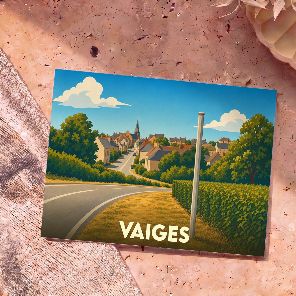 Carte postale souvenir de la ville de Vaiges avec une illustration stylisée d'une route menant au village.