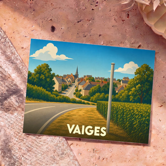 Carte postale souvenir de la ville de Vaiges avec une illustration stylisée d'une route menant au village.