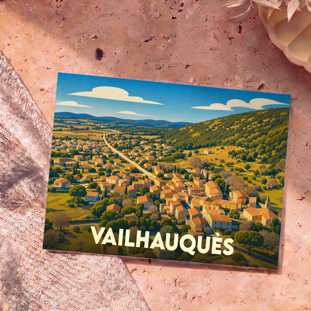 Carte postale souvenir de la ville de Vailhauquès avec une illustration stylisée des paysages de l'Hérault.