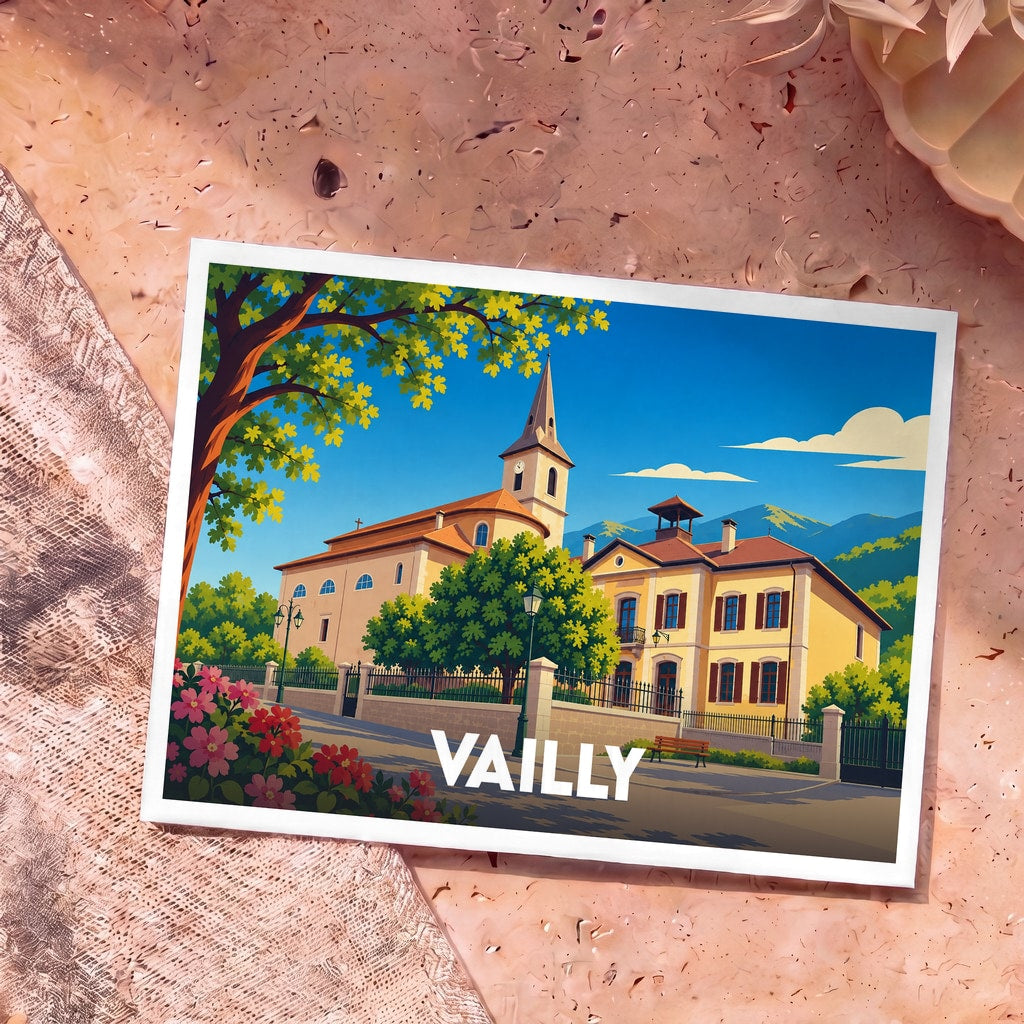Carte postale souvenir de la ville de Vailly avec une illustration stylisée montrant son église et ses montagnes.