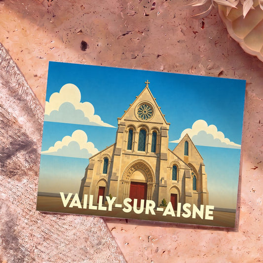 Carte postale souvenir de la ville de Vailly-sur-Aisne avec une illustration stylisée de son église.
