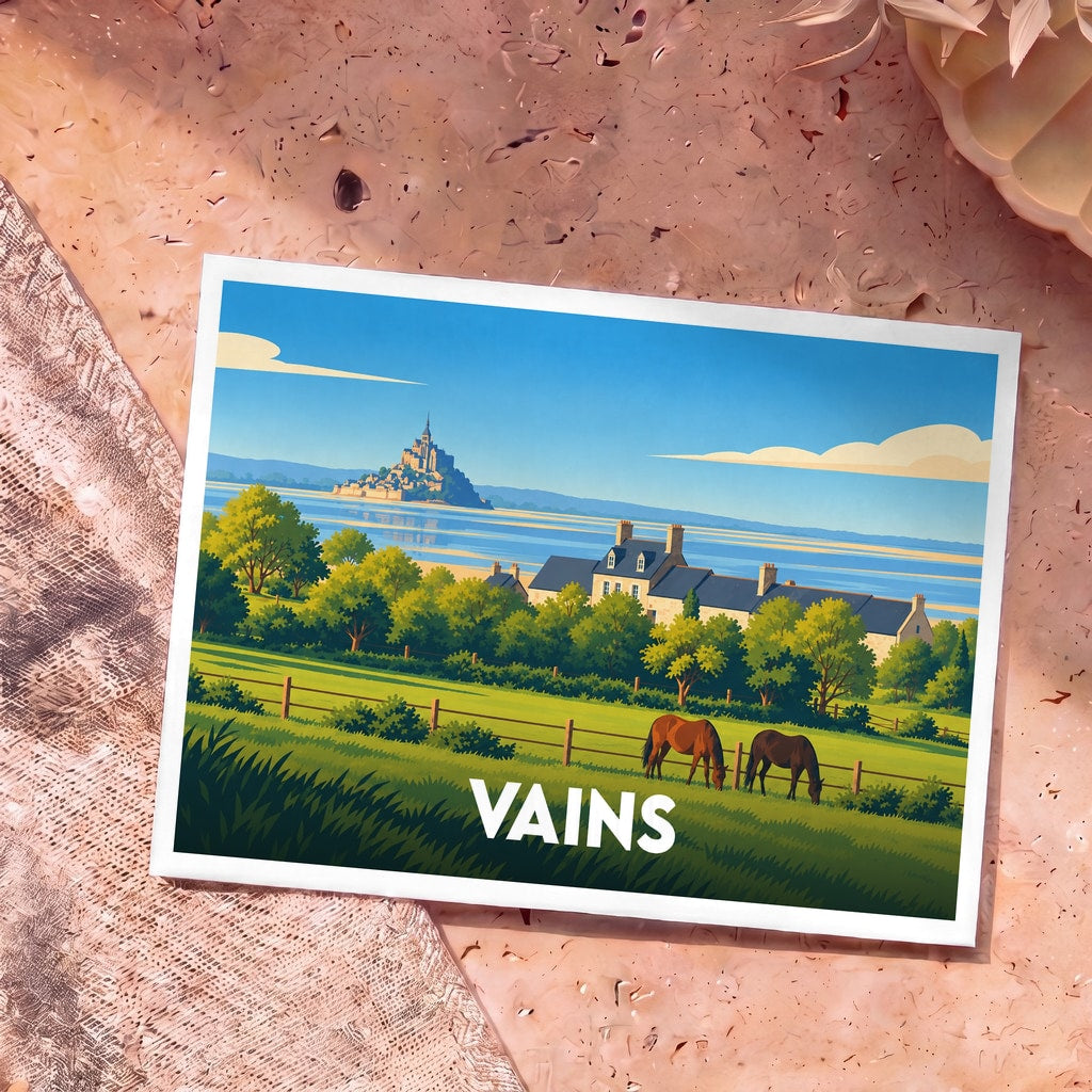 Carte postale souvenir de la ville de Vains arborant une illustration stylisée du Mont-Saint-Michel avec des chevaux au premier plan.