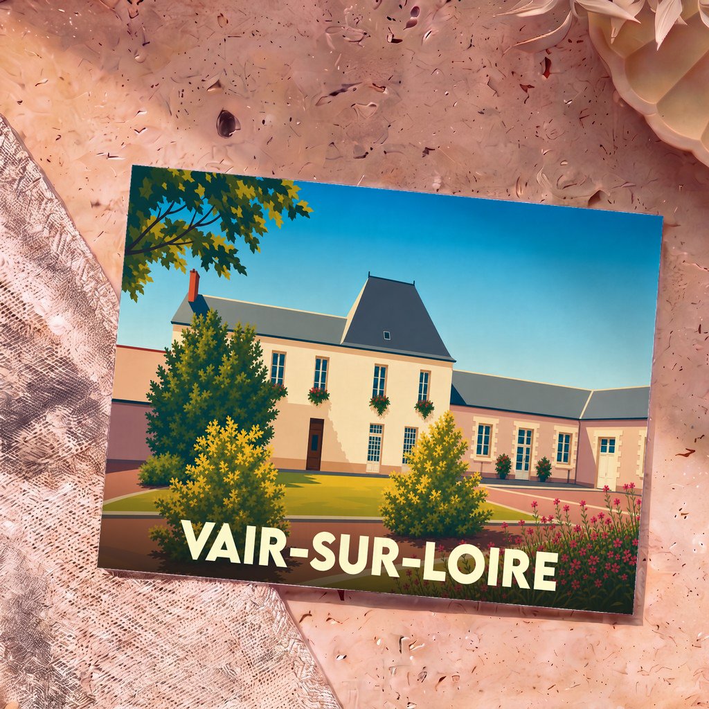 Carte postale souvenir de la ville de Vair-sur-Loire avec une illustration stylisée d'une demeure traditionnelle.