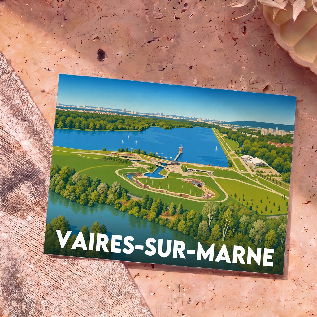 Carte postale souvenir de la ville de Vaires-sur-Marne illustrant son stade nautique olympique.