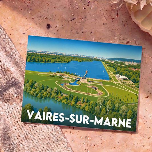 Carte postale souvenir de la ville de Vaires-sur-Marne illustrant son stade nautique olympique.