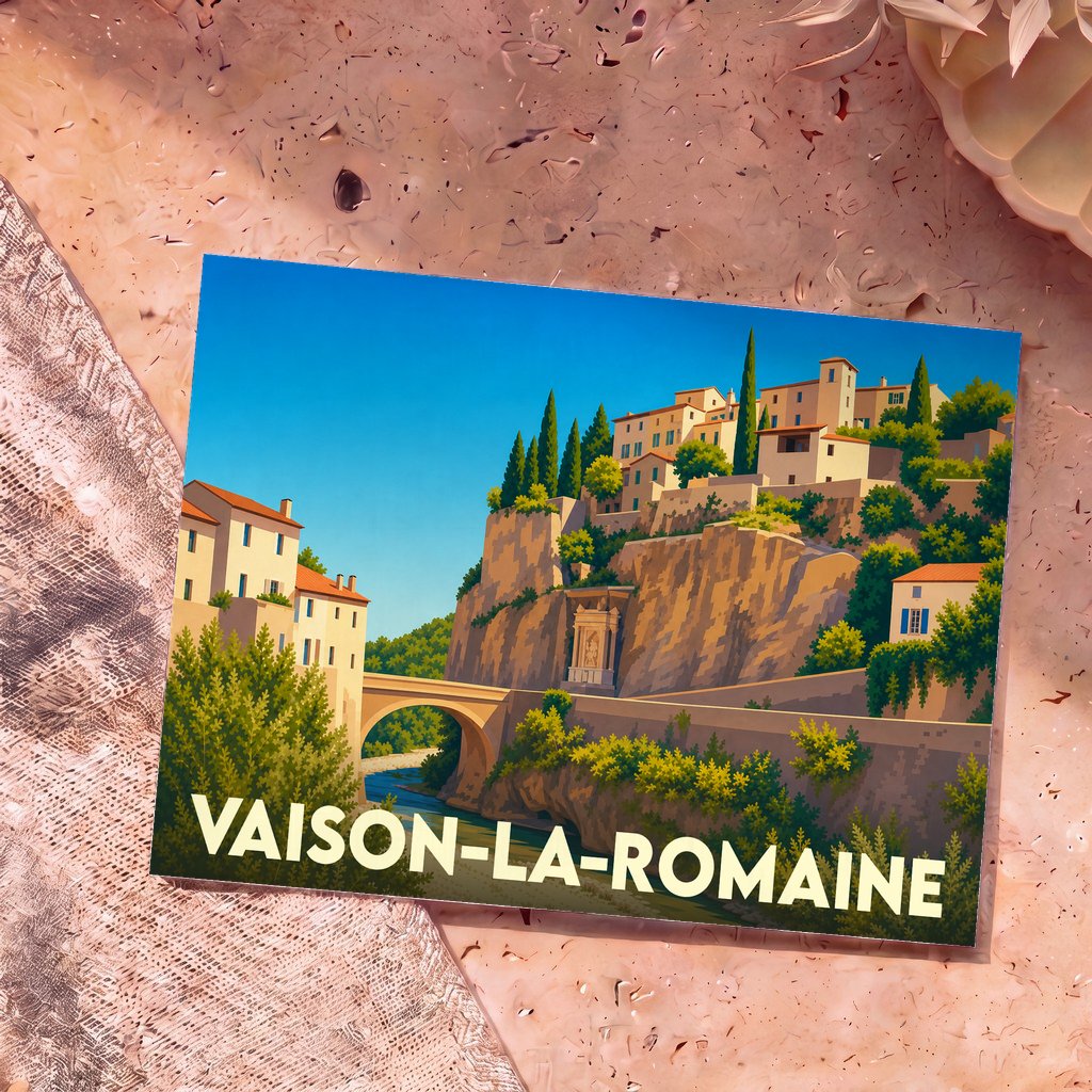 Carte postale souvenir de la ville de Vaison-la-Romaine avec une illustration stylisée de son pont romain et de sa cité médiévale.