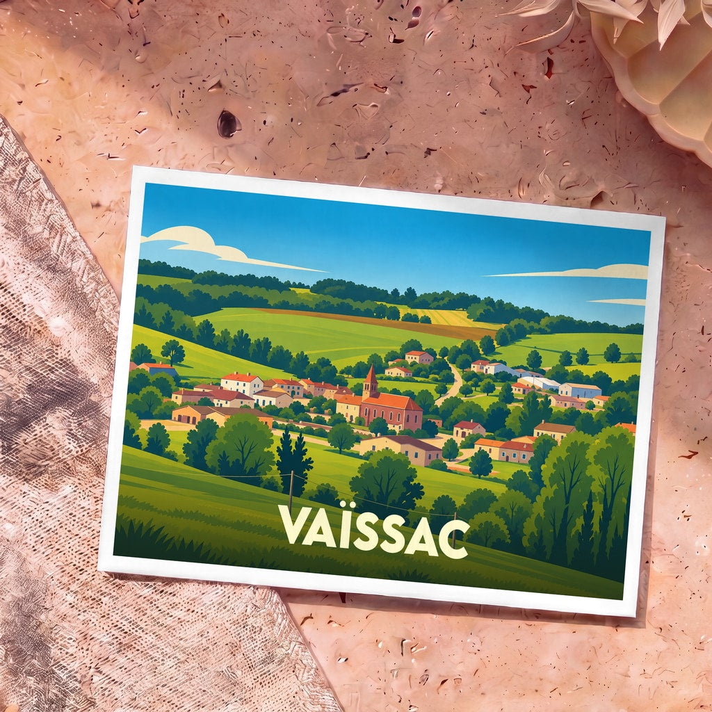 Carte postale souvenir de la ville de Vaïssac avec une illustration stylisée de son paysage vallonné.