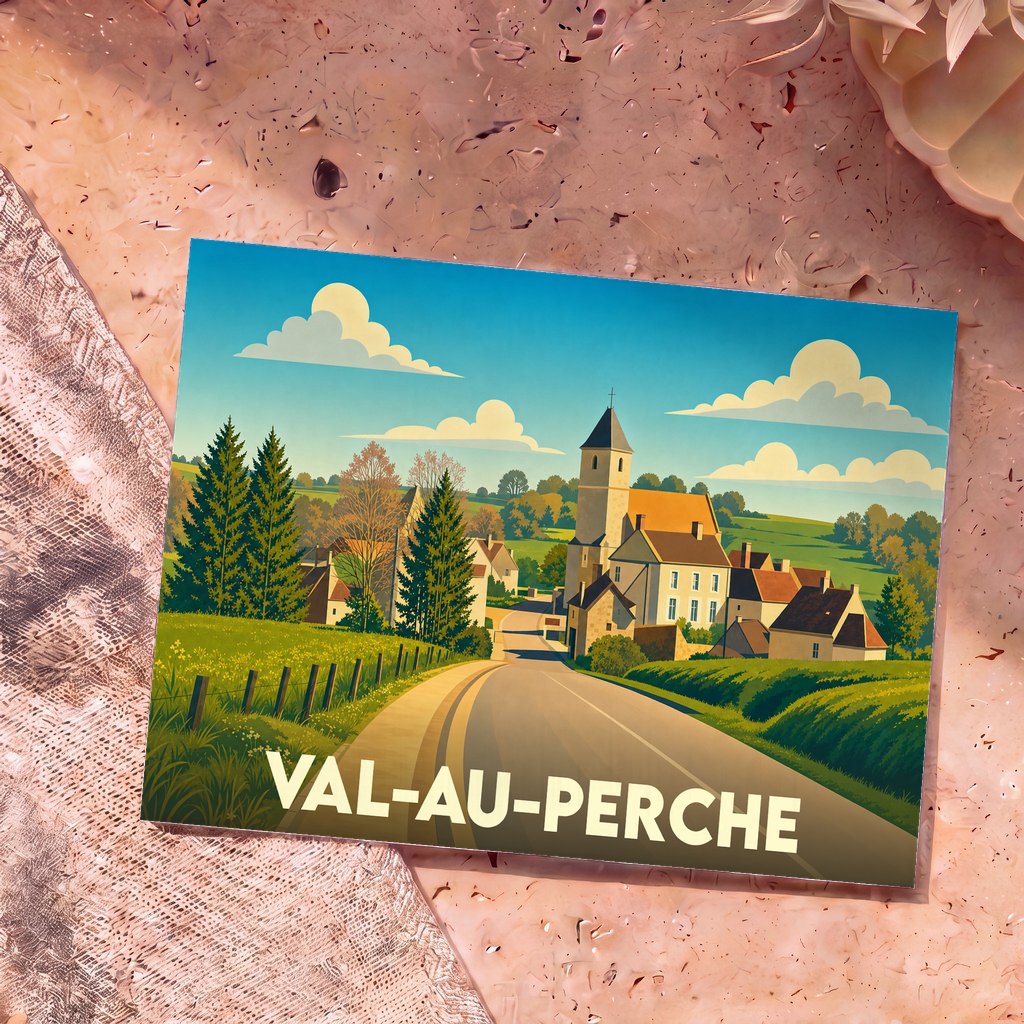 Carte postale souvenir de la ville de Val-au-Perche avec une illustration stylisée d'un village rural.