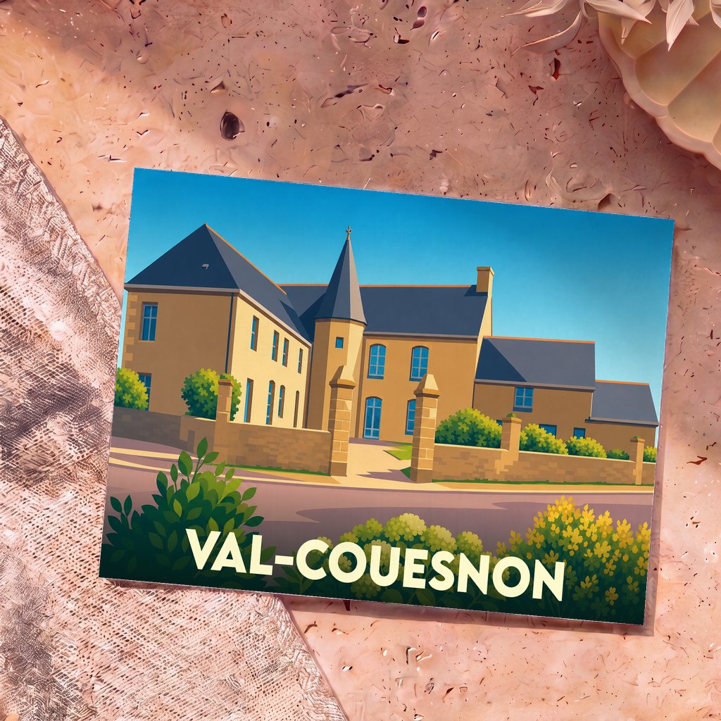 Carte postale souvenir de la ville de Val-Couesnon avec une illustration stylisée de ses bâtiments historiques.