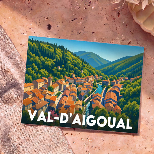 Carte postale souvenir de la ville de Val-d'Aigoual illustrée d'un village pittoresque niché dans une vallée montagneuse.