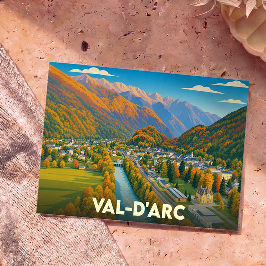 Carte postale souvenir de la ville de Val-d'Arc illustrant un paysage de montagne automnal au style rétro.