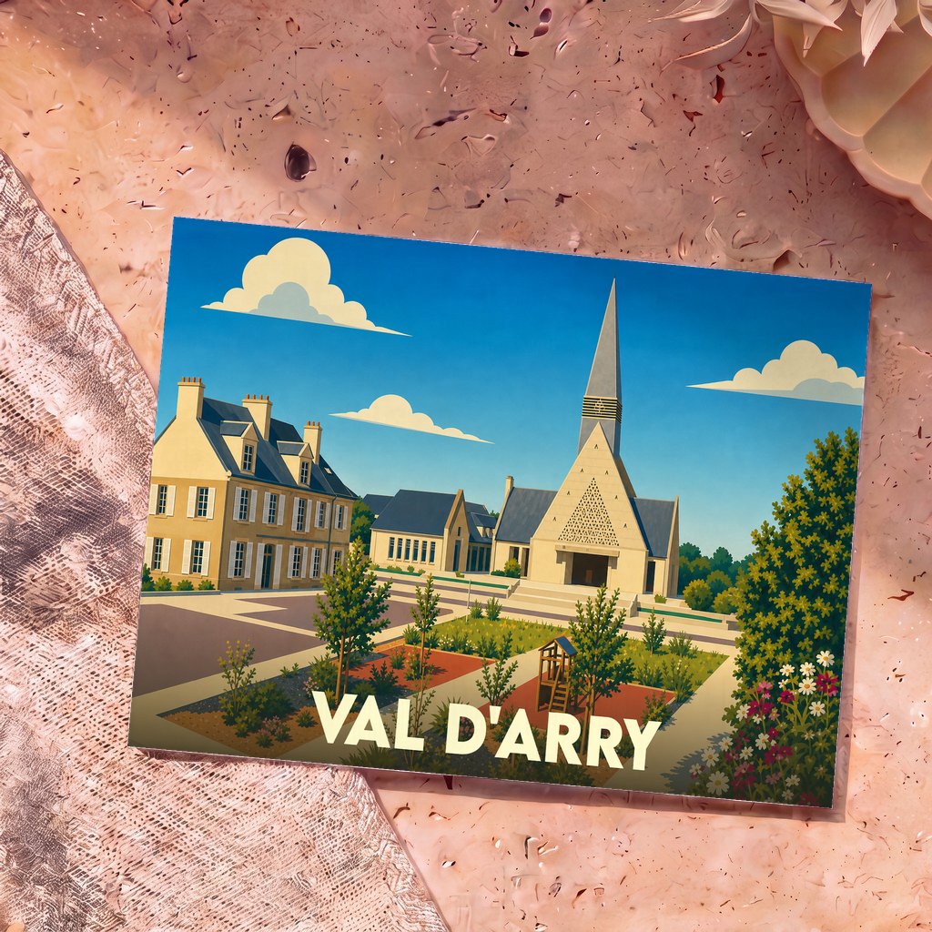 Carte postale souvenir de la ville de Val d'Arry avec une illustration stylisée de son architecture.