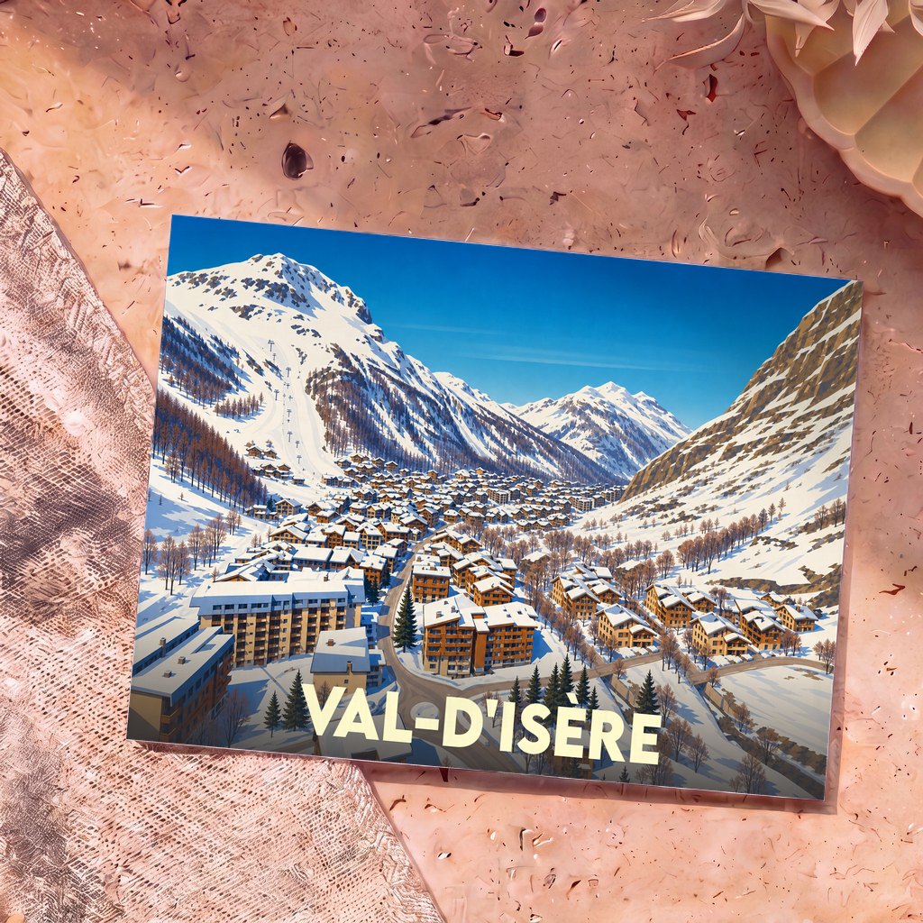 Carte postale souvenir de la ville de Val-d'Isère avec une illustration stylisée d'un village de montagne enneigé.