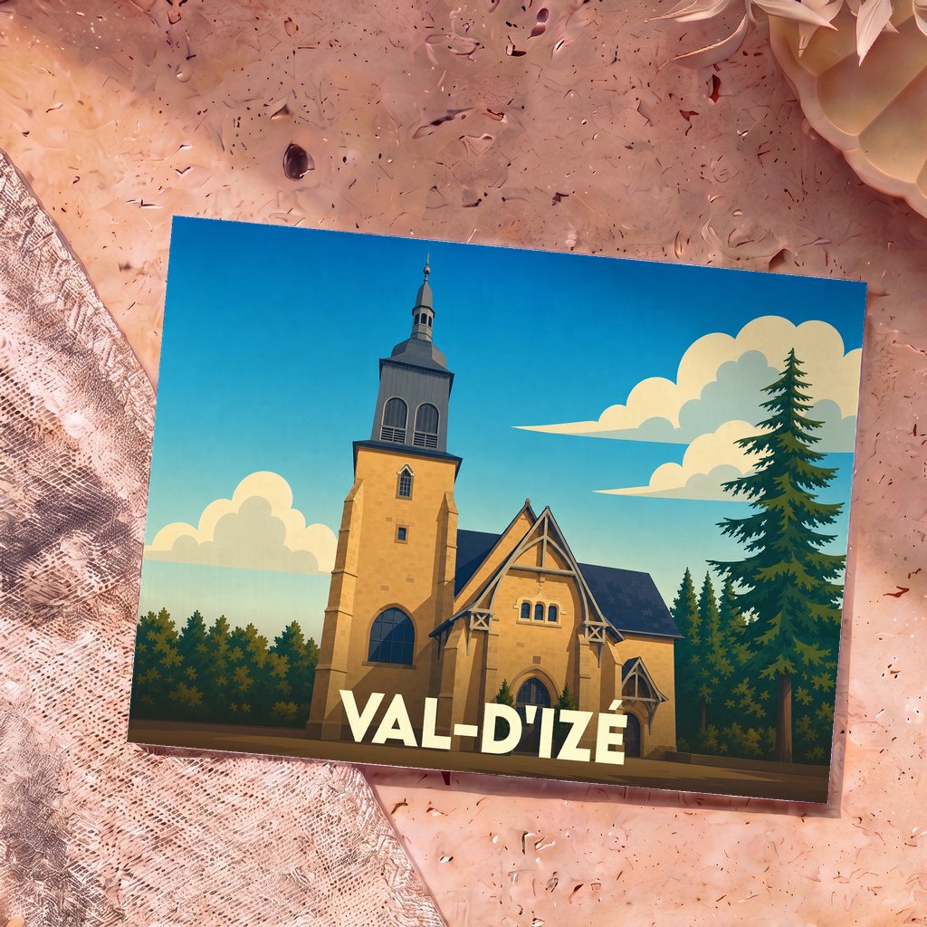 Carte postale souvenir de la ville de Val-d'Izé représentant son église dans un style graphique épuré.