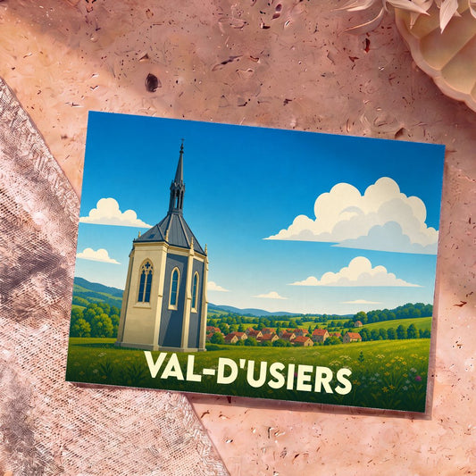 Carte postale souvenir de la ville de Val-d'Usiers avec une illustration stylisée de sa chapelle et de son paysage vallonné.