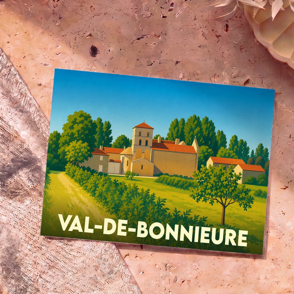 Carte postale souvenir de Val-de-Bonnieure avec une illustration stylisée de son église et de la campagne environnante.