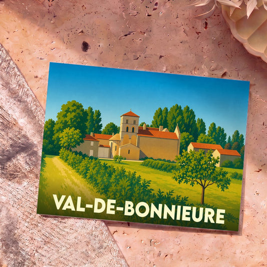 Carte postale souvenir de Val-de-Bonnieure avec une illustration stylisée de son église et de la campagne environnante.