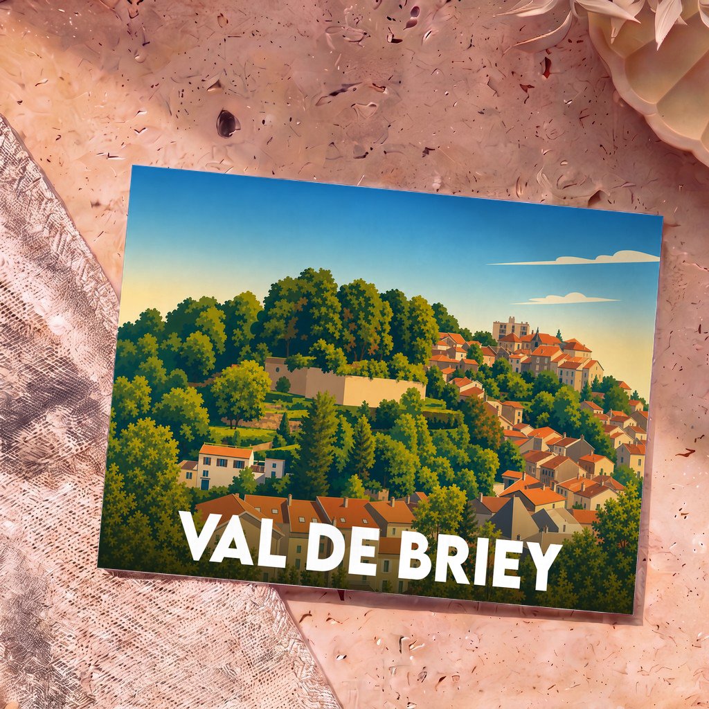 Carte postale souvenir de la ville de Val de Briey avec une illustration stylisée de ses maisons à flanc de colline boisée.