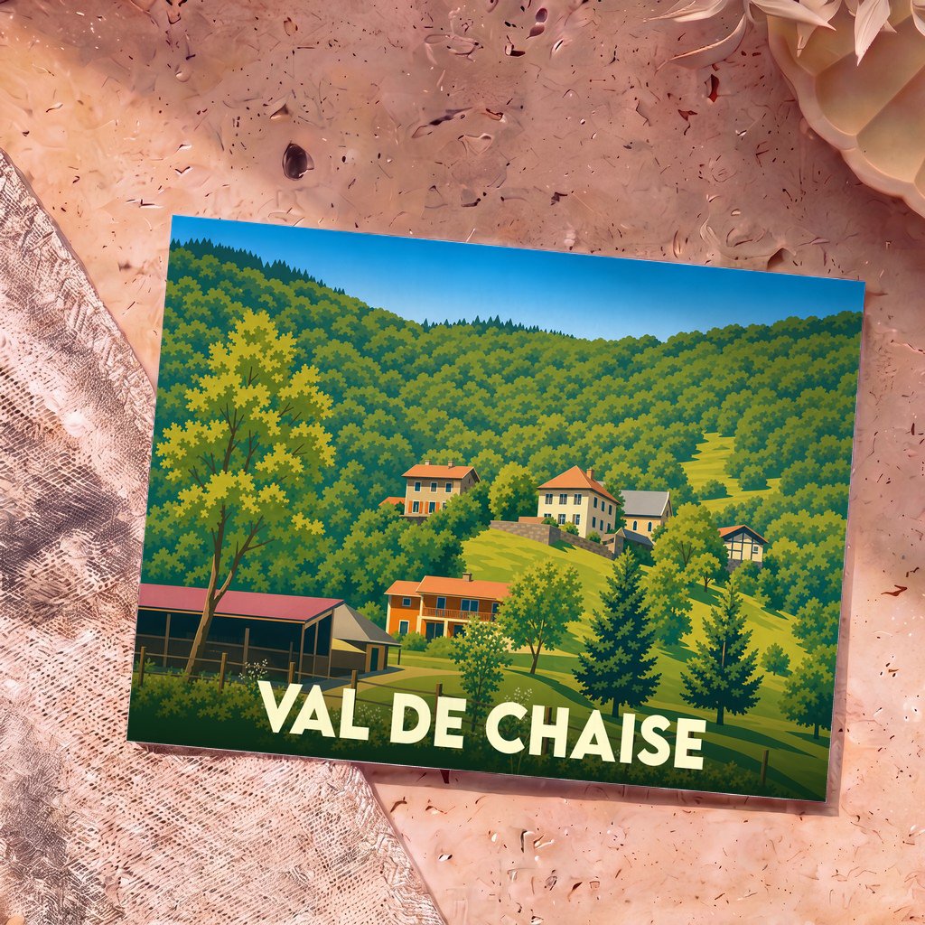 Carte postale souvenir de la ville de Val de Chaise illustrant un paysage de montagne verdoyant parsemé de maisons.