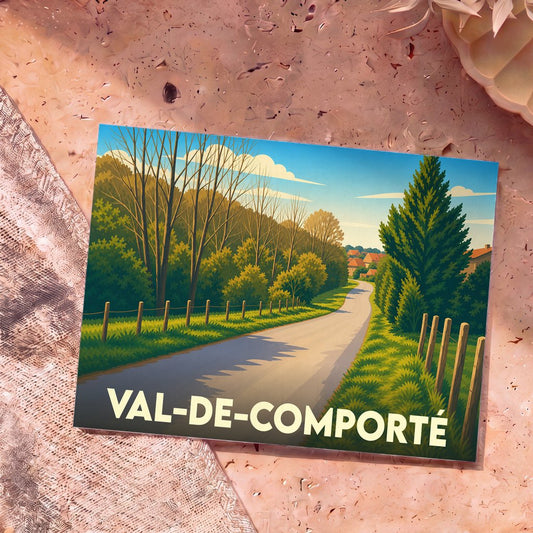 Carte postale souvenir de Val-de-Comporté représentant une route de campagne arborée dans un style graphique rétro.