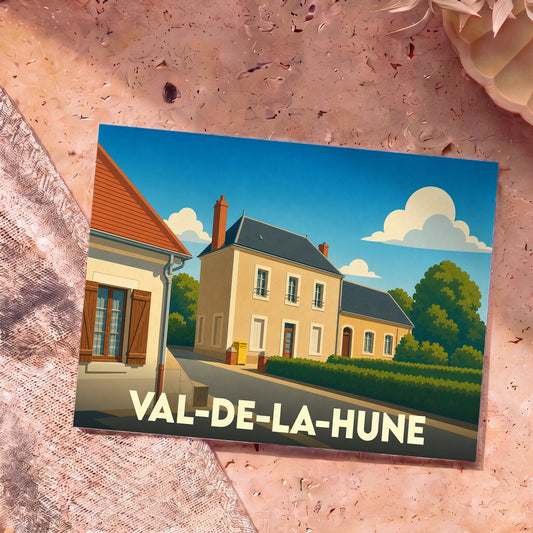 Carte postale souvenir de la ville de Val-de-la-Hune avec une illustration stylisée de maisons françaises sous un ciel bleu.