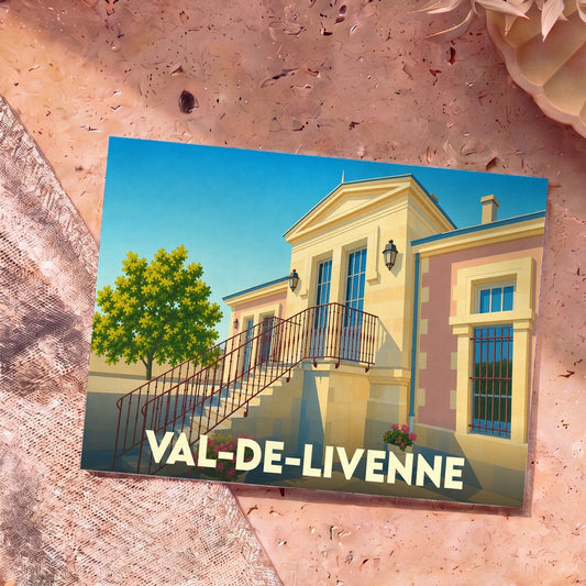 Carte postale souvenir de la ville de Val-de-Livenne avec une illustration stylisée de sa mairie.