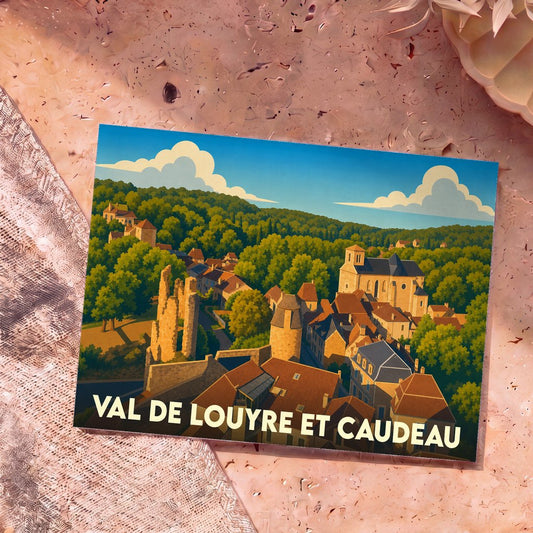 Carte postale souvenir de la ville de Val de Louyre et Caudeau avec une illustration stylisée d'un village pittoresque.