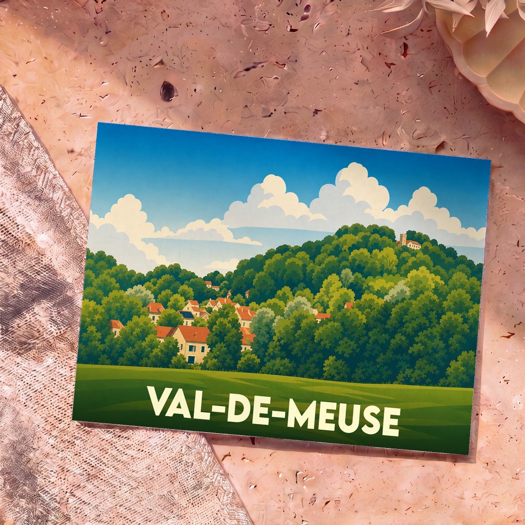 Carte postale souvenir de la ville de Val-de-Meuse avec une illustration stylisée d'un village niché dans une colline verdoyante.
