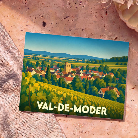Carte postale souvenir de Val-de-Moder avec une illustration stylisée de son village et ses vignobles.