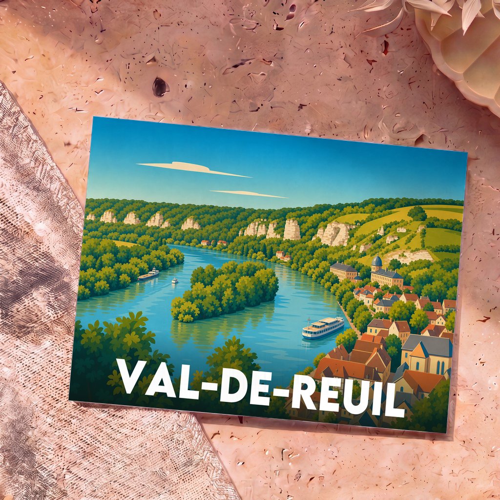 Carte postale souvenir de la ville de Val-de-Reuil avec une illustration stylisée des bords de Seine.