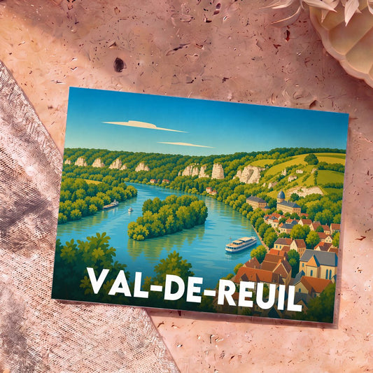Carte postale souvenir de la ville de Val-de-Reuil avec une illustration stylisée des bords de Seine.