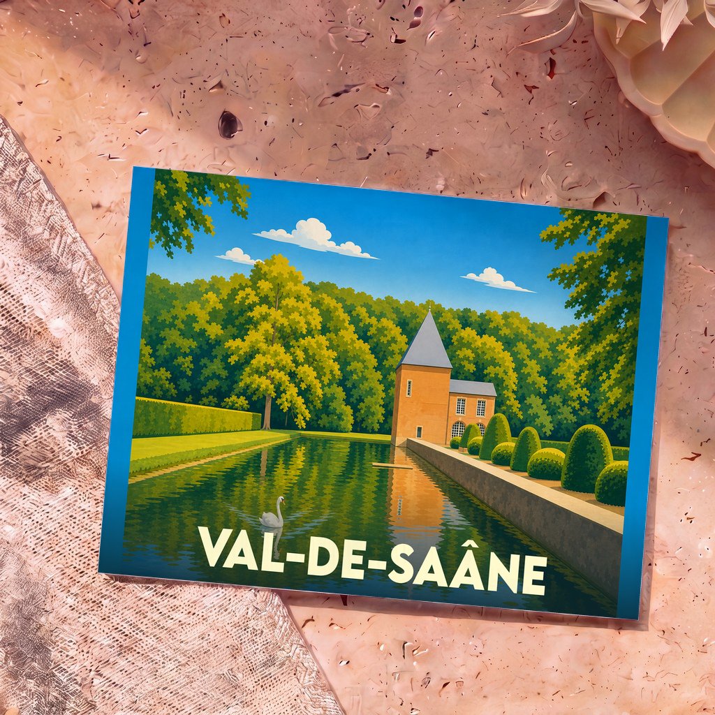 Carte postale souvenir du Val-de-Saâne avec une illustration stylisée d'un château et de ses jardins.