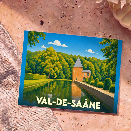 Carte postale souvenir du Val-de-Saâne avec une illustration stylisée d'un château et de ses jardins.
